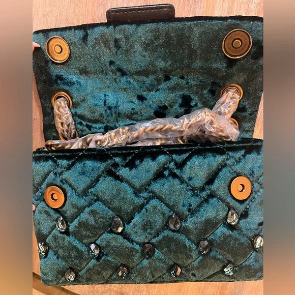 Kurt Geiger NEW Emerald Green Velvet Medium Kensington Bag - Picture 5 of 5